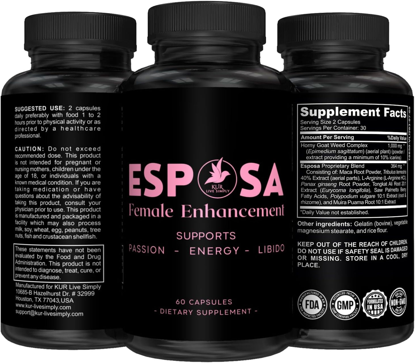 USA-Made Female Libido Booster Pills with Horny Goat Weed - Boost Energy, Mood, Desire - 60 Capsules - KUR Live Simply Esposa