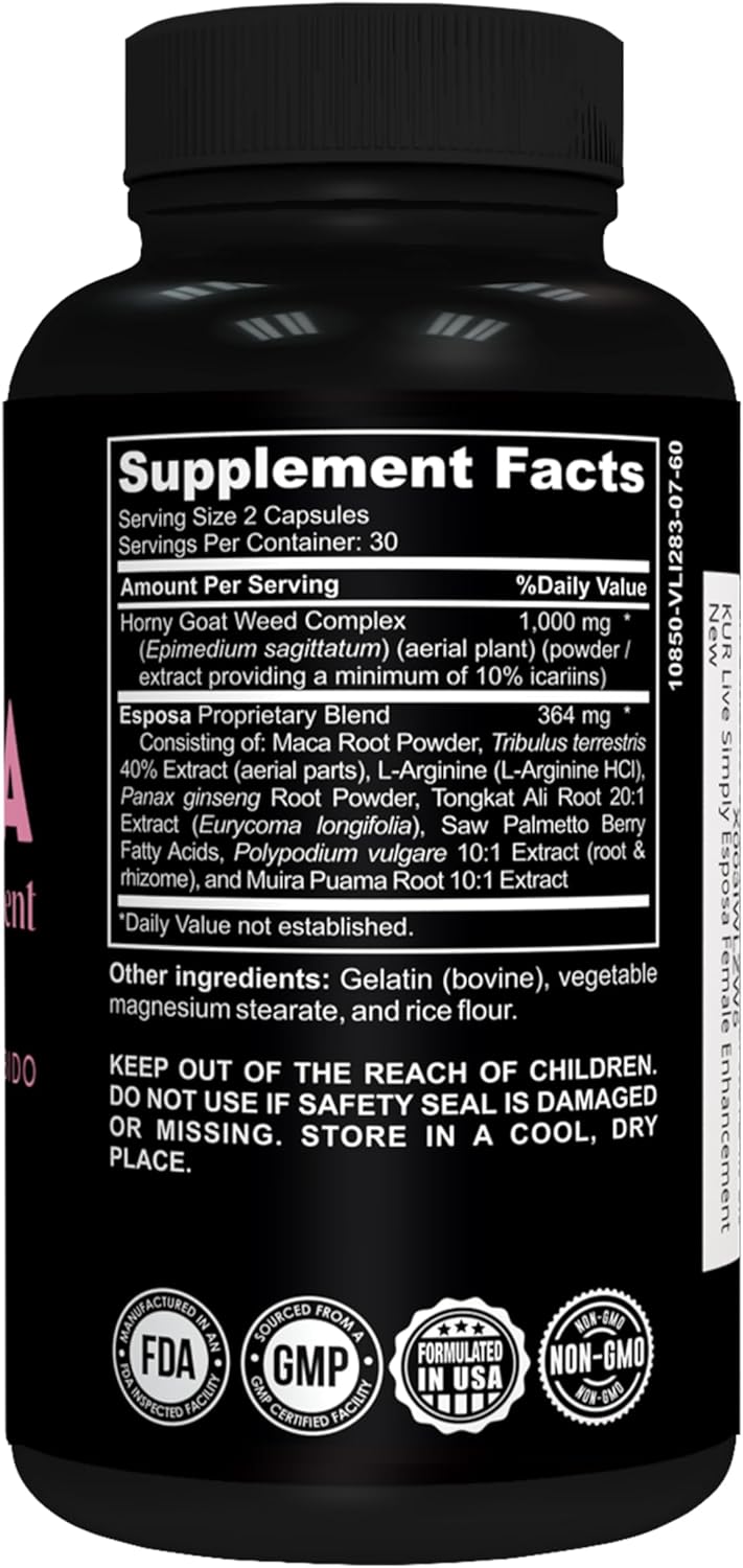 USA-Made Female Libido Booster Pills with Horny Goat Weed - Boost Energy, Mood, Desire - 60 Capsules - KUR Live Simply Esposa