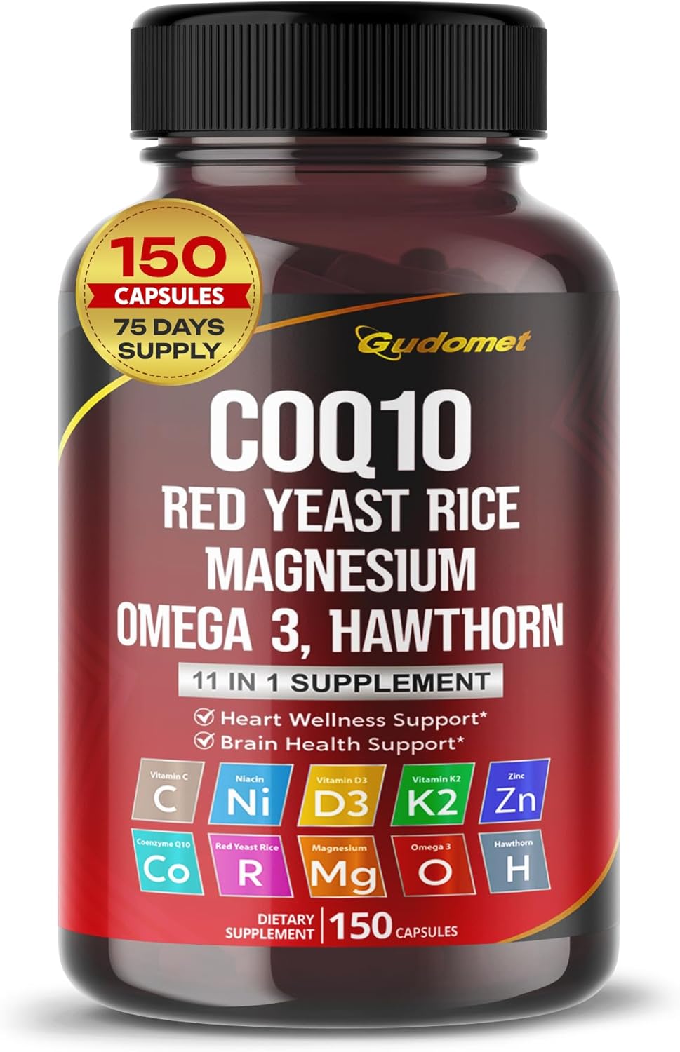 USA-Made GUDOMET Coenzyme Q10 Red Yeast Rice Hawthorn Omega 3 Vitamin C Niacin Zinc Vitamin K2 Capsules - 150 Count