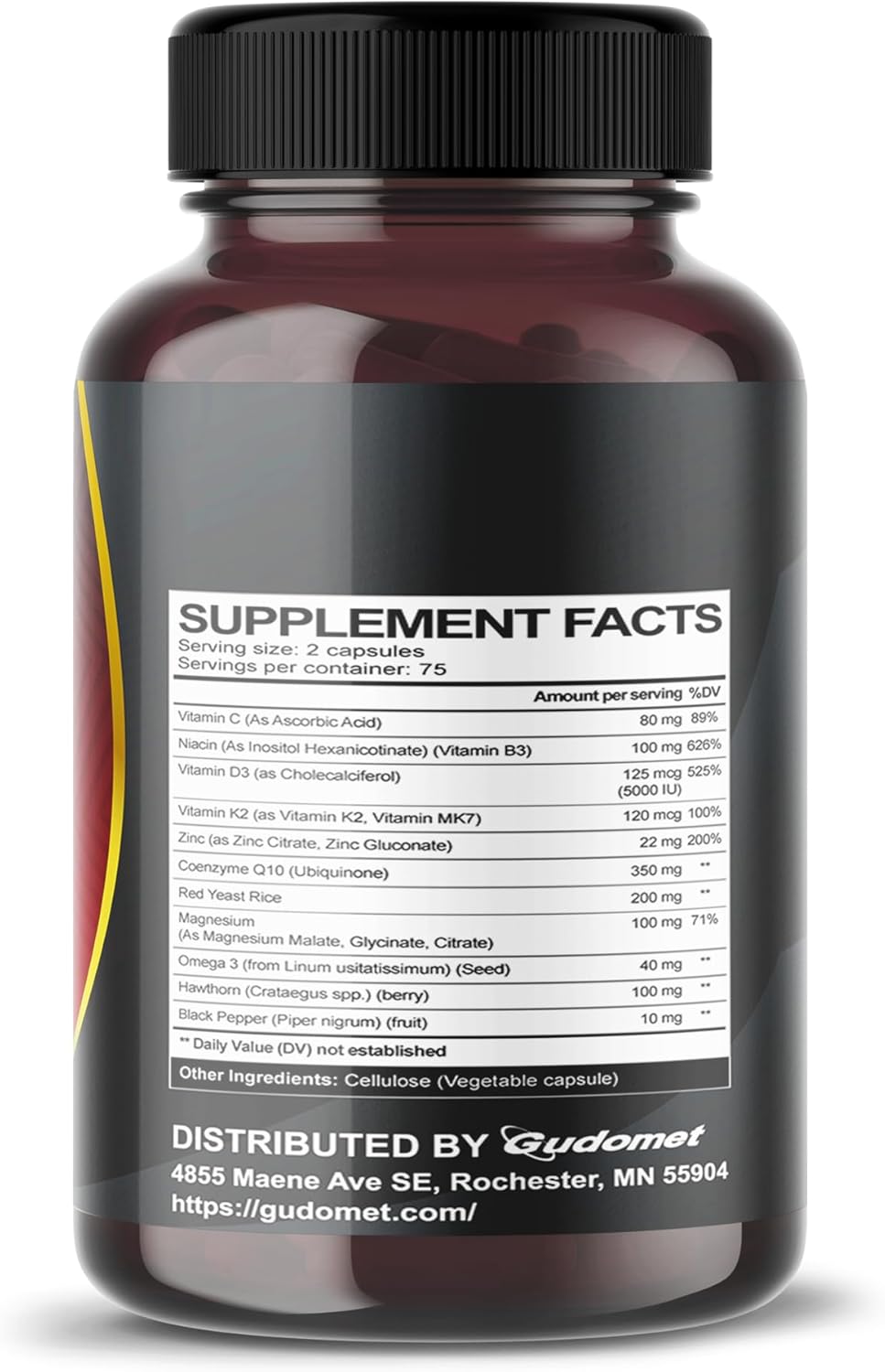 USA-Made GUDOMET Coenzyme Q10 Red Yeast Rice Hawthorn Omega 3 Vitamin C Niacin Zinc Vitamin K2 Capsules - 150 Count