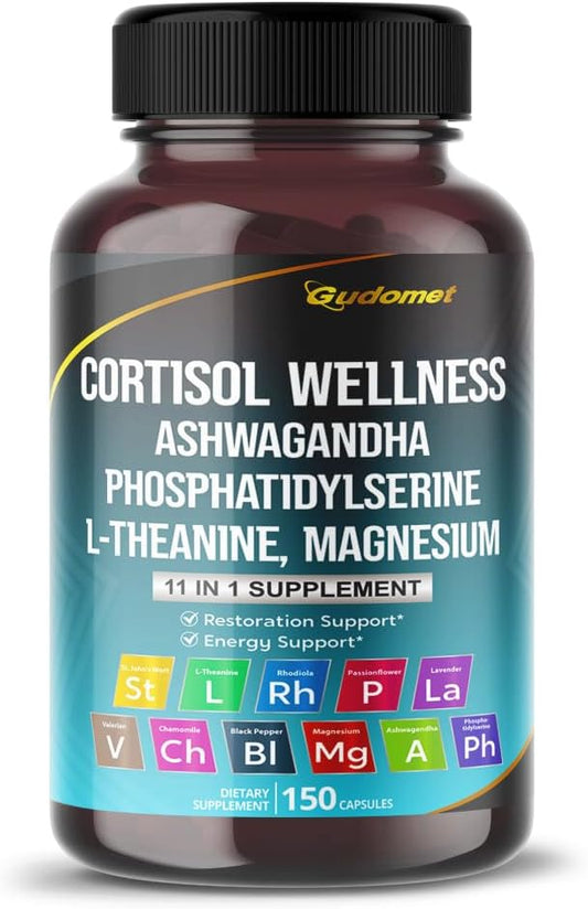 USA Made GUDOMET CORTISOL Wellness Capsules with Magnesium, Ashwagandha, L-Theanine, Phosphatidylserine, Rhodiola Rosea, Passionflower, Lavender, and Chamomile - 150 Count