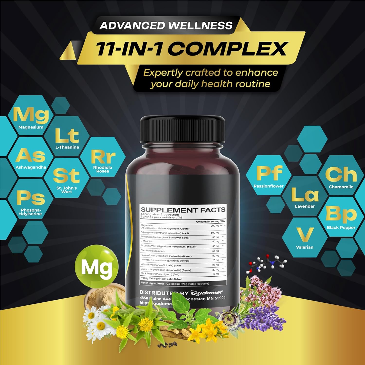 USA Made GUDOMET CORTISOL Wellness Capsules with Magnesium, Ashwagandha, L-Theanine, Phosphatidylserine, Rhodiola Rosea, Passionflower, Lavender, and Chamomile - 150 Count