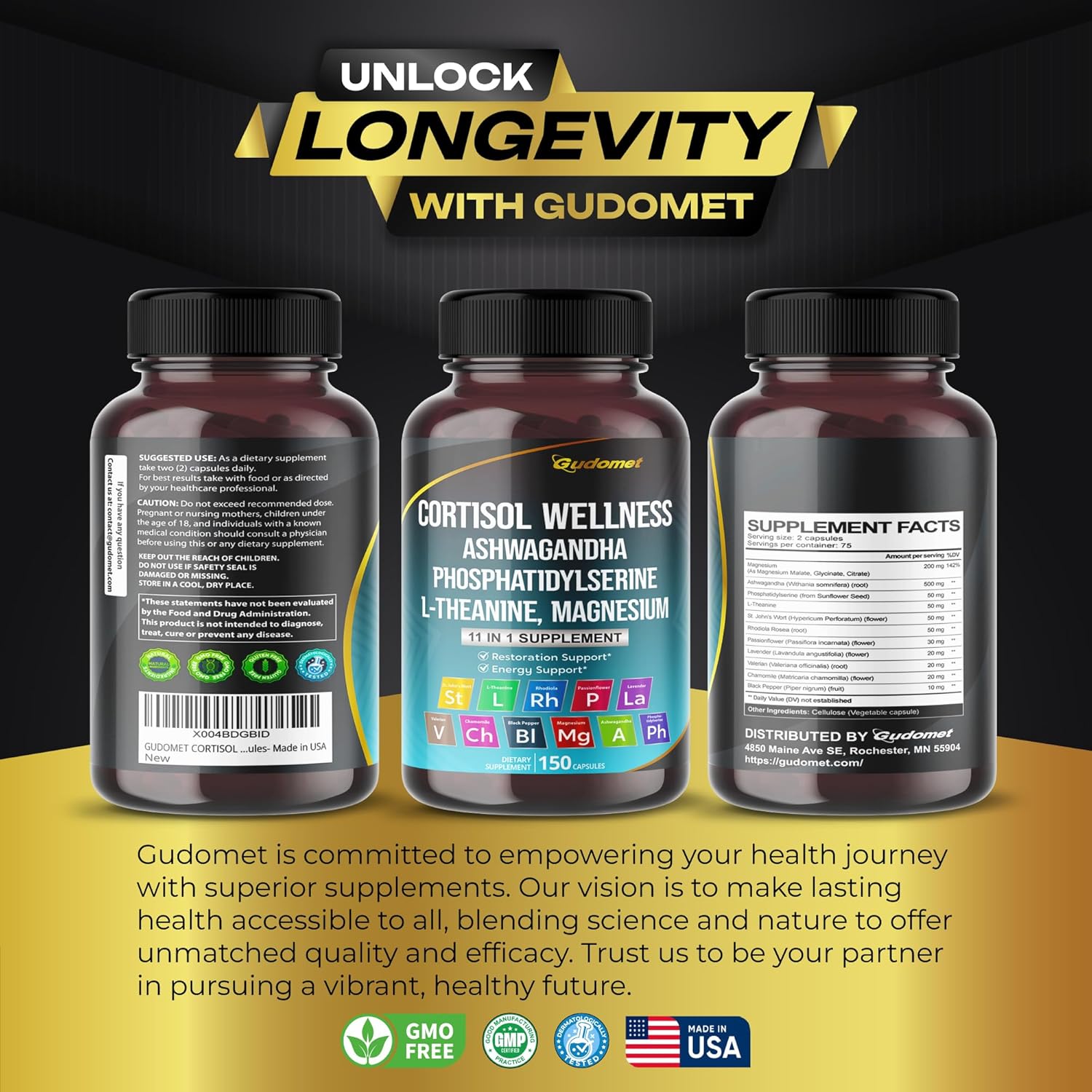 USA Made GUDOMET CORTISOL Wellness Capsules with Magnesium, Ashwagandha, L-Theanine, Phosphatidylserine, Rhodiola Rosea, Passionflower, Lavender, and Chamomile - 150 Count