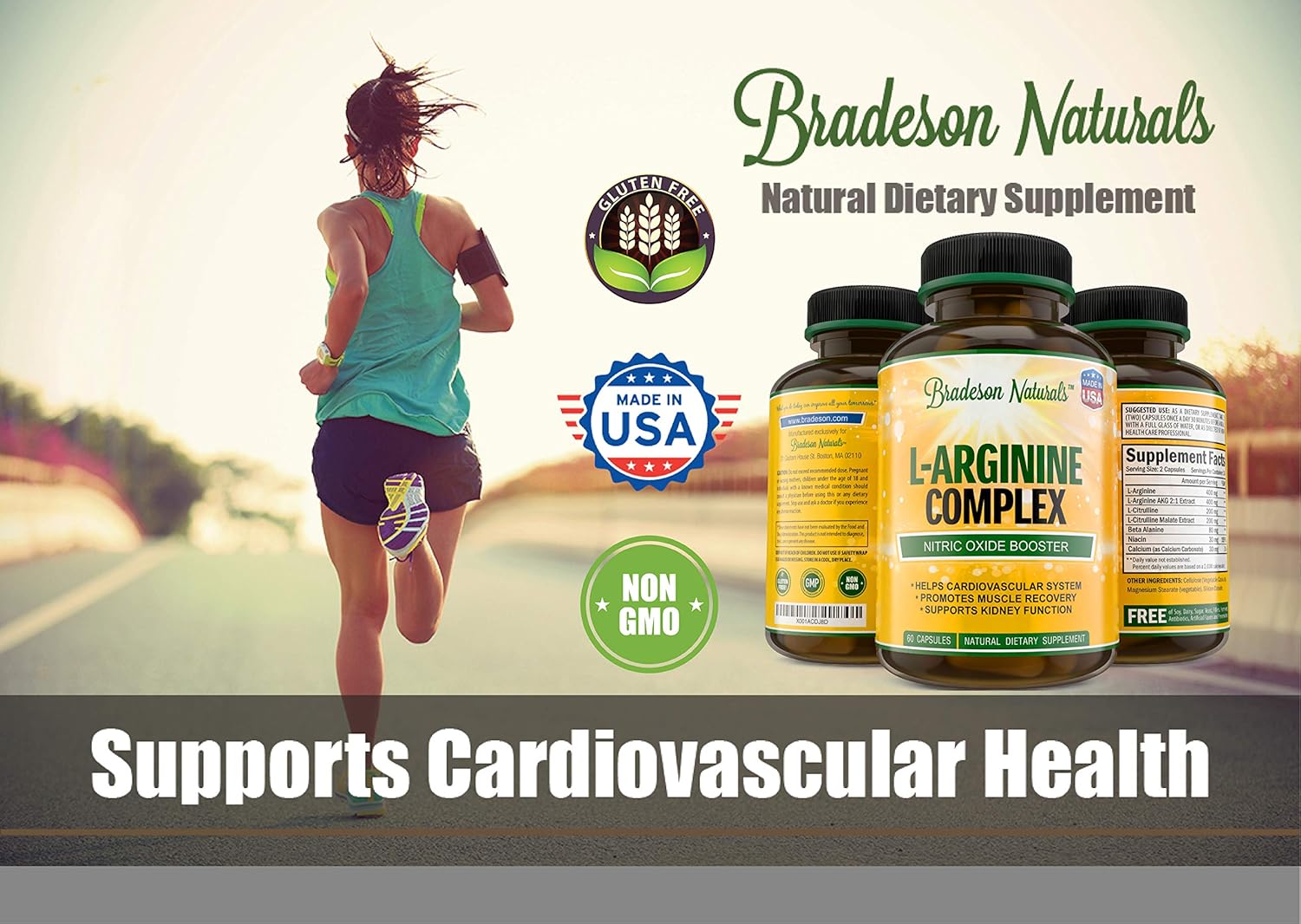 USA-Made L-Arginine Nitric Oxide Booster with L-Citrulline - 1340mg Heart & Muscle Gain Supplement for Endurance - 60 Capsules by Bradeson Naturals