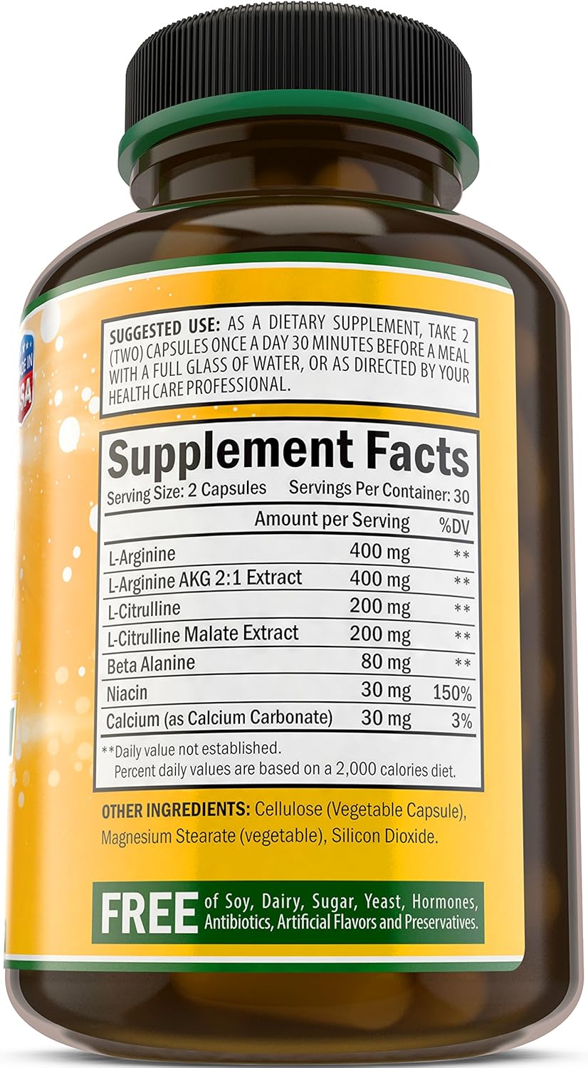 USA-Made L-Arginine Nitric Oxide Booster with L-Citrulline - 1340mg Heart & Muscle Gain Supplement for Endurance - 60 Capsules by Bradeson Naturals