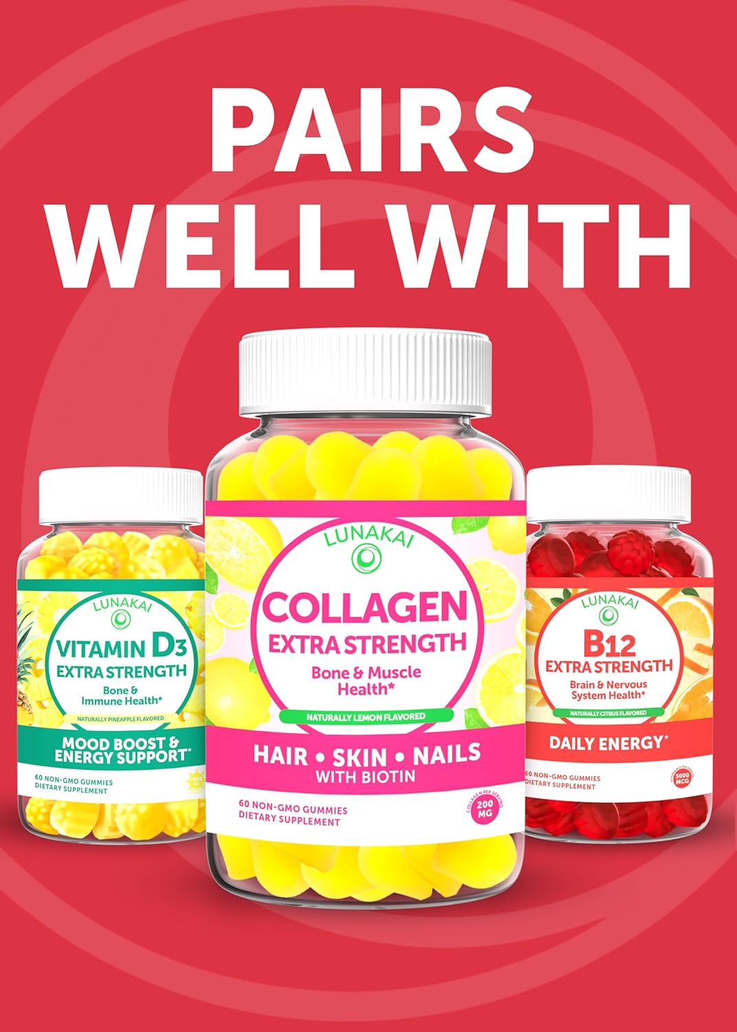 USA Made Lunakai Biotin Gummies 5000mcg with Vitamin C & E - Hair, Skin, and Nails Vitamins for Women - Non-GMO Hair Growth Supplement - 60 Ct