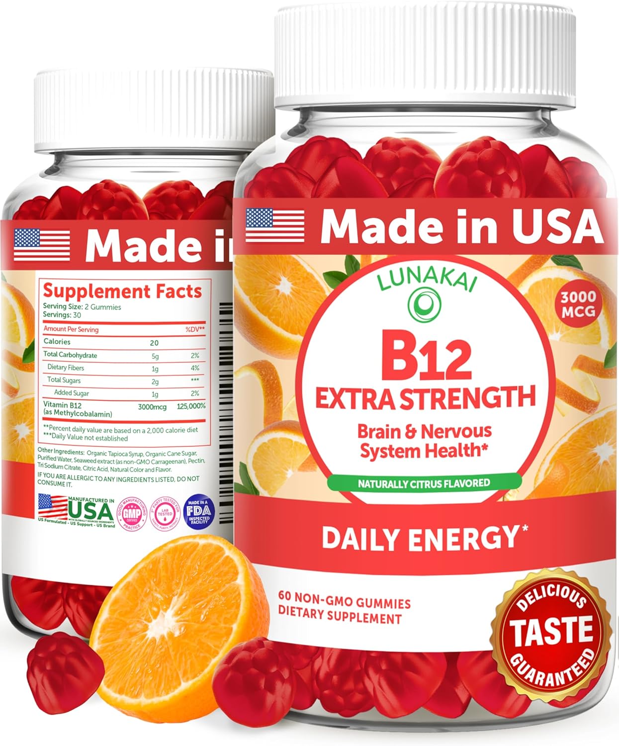 USA Made Lunakai Vegan Vitamin B12 Gummies - Extra Strength 3000mcg Methylcobalamin for Daily Energy & Metabolism Support - 60ct