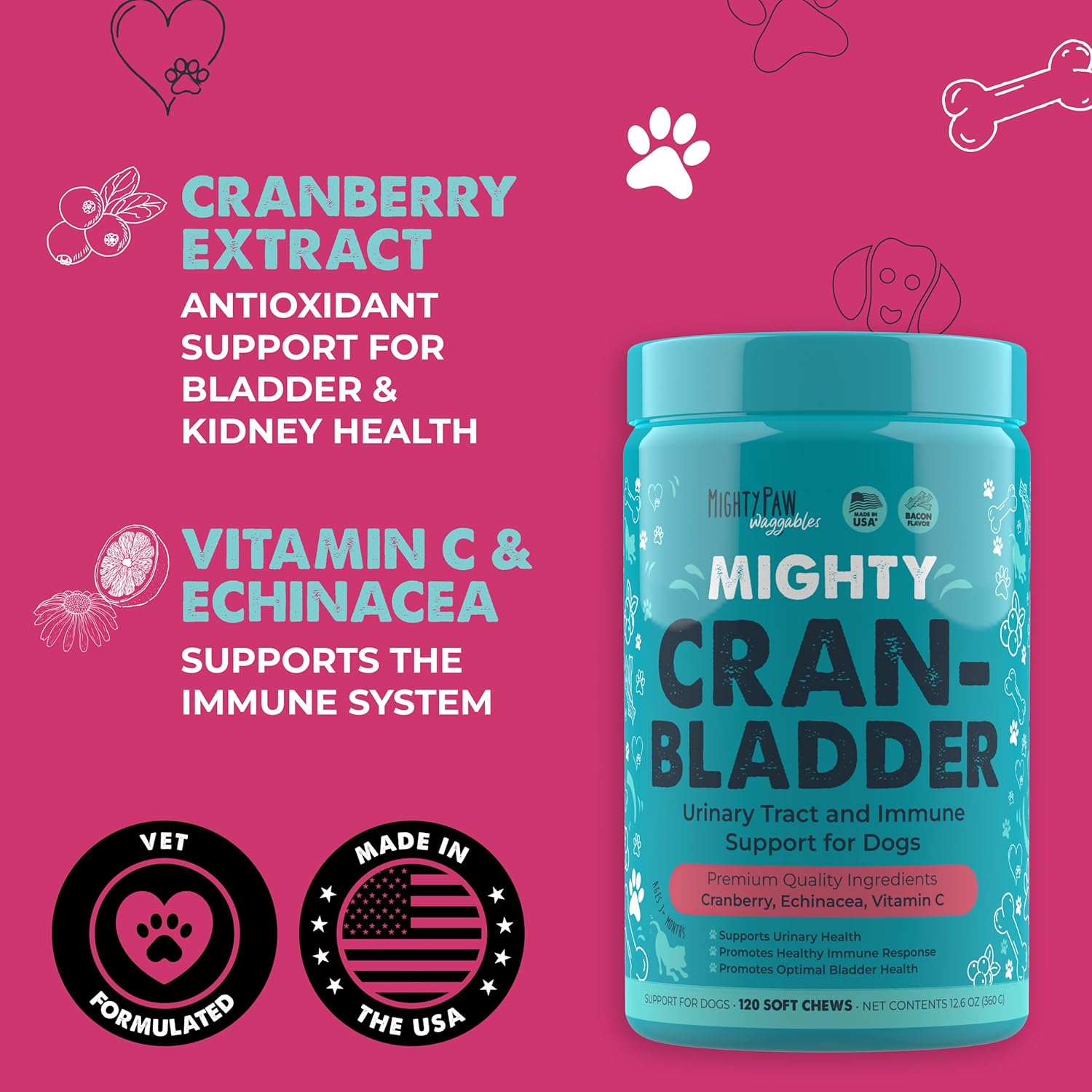 USA-Made Mighty Paw Waggables Cran-Bladder: Cranberry Chews for Dogs. Supports Urinary Tract, Kidney, & Bladder Health. Antioxidant Immune Support (120 Count)
