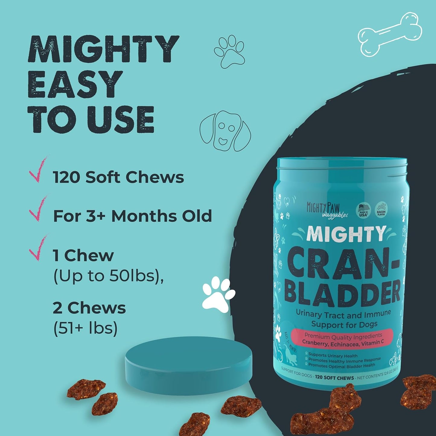 USA-Made Mighty Paw Waggables Cran-Bladder: Cranberry Chews for Dogs. Supports Urinary Tract, Kidney, & Bladder Health. Antioxidant Immune Support (120 Count)