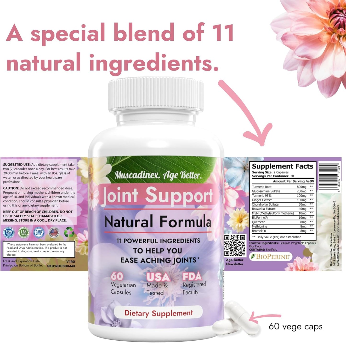 USA Made MUSCADINEX Joint Support Supplement with 11 Ingredients - Turmeric, Quercetin, Bromelain, Glucosamine Chondroitin, Methionine, Ginger, Boswellia - 60 Capsules