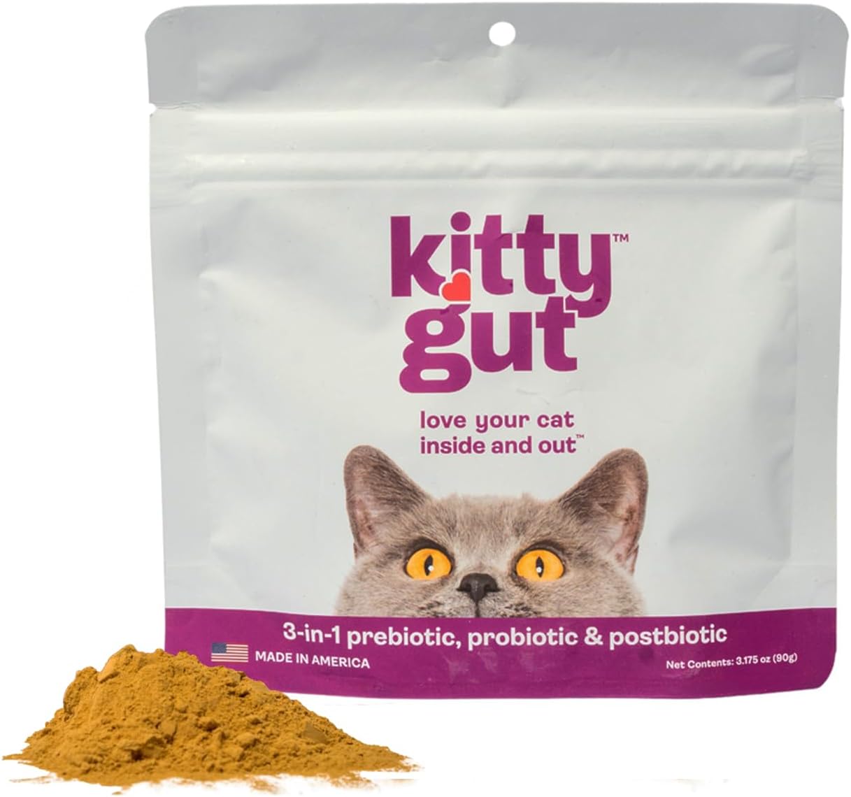 USA-Made MUTTGUT KittyGut Organic 3-in-1 Probiotic Supplement for Cats - Promotes Gut Health, Digestive Support, Diarrhea, Vomiting - 90g