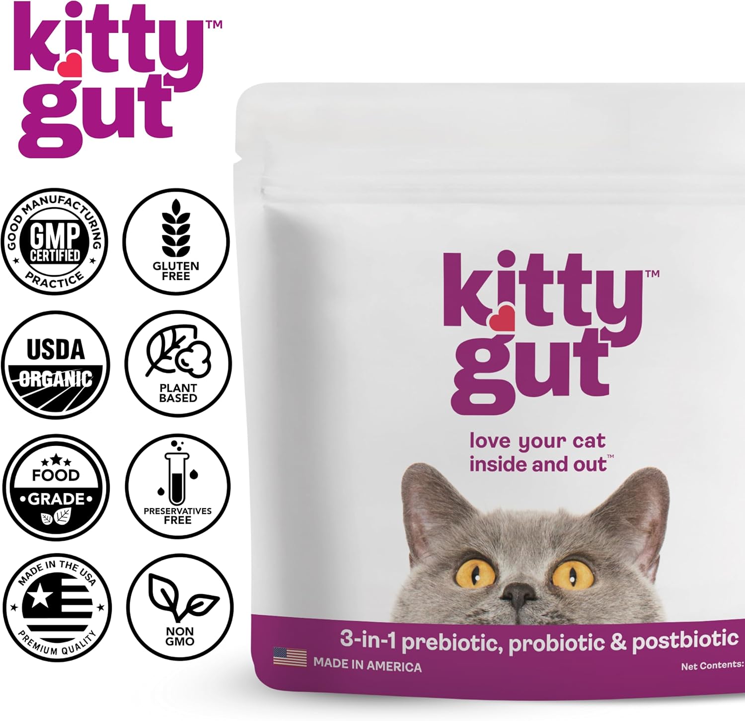 USA-Made MUTTGUT KittyGut Organic 3-in-1 Probiotic Supplement for Cats - Promotes Gut Health, Digestive Support, Diarrhea, Vomiting - 90g