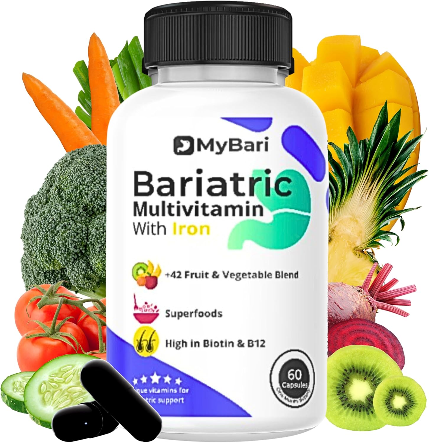 USA-Made MyBari All-in-One Bariatric Multivitamin with Iron for Men & Women - Supports Gastric Sleeve & Bypass - 60 Liquid Capsules with 42+ Fruit & Veggie Blend