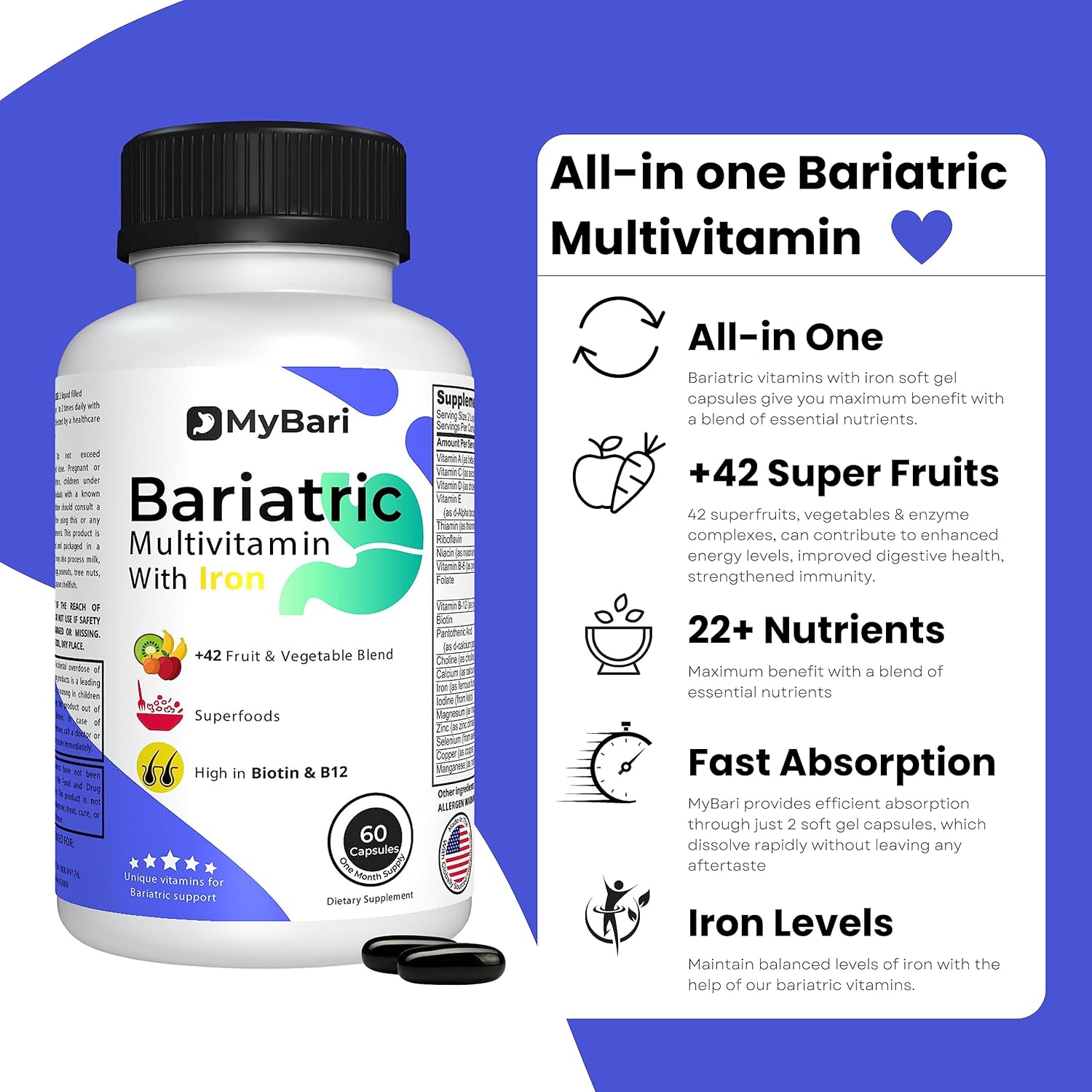 USA-Made MyBari All-in-One Bariatric Multivitamin with Iron for Men & Women - Supports Gastric Sleeve & Bypass - 60 Liquid Capsules with 42+ Fruit & Veggie Blend