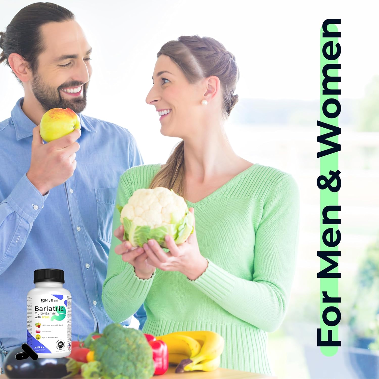 USA-Made MyBari All-in-One Bariatric Multivitamin with Iron for Men & Women - Supports Gastric Sleeve & Bypass - 60 Liquid Capsules with 42+ Fruit & Veggie Blend