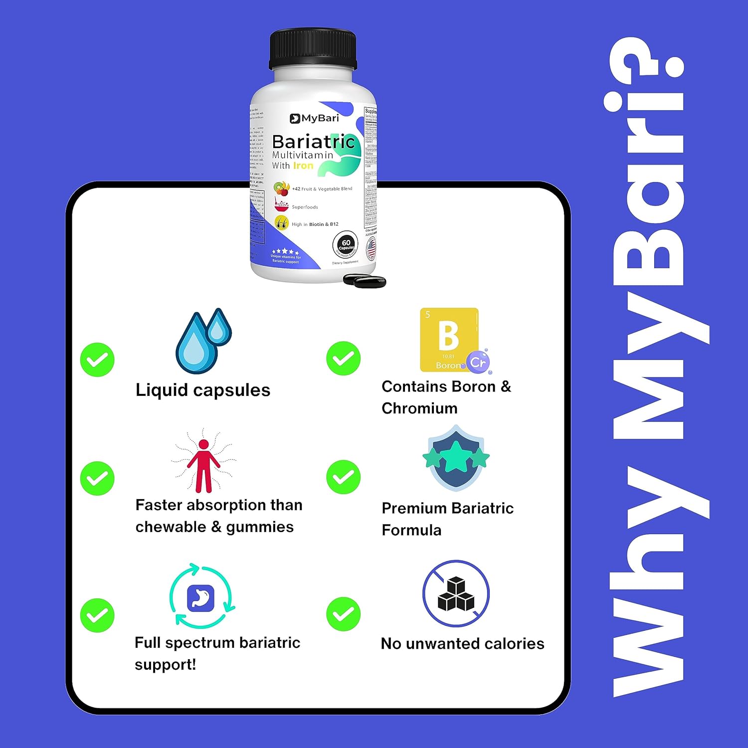 USA-Made MyBari All-in-One Bariatric Multivitamin with Iron for Men & Women - Supports Gastric Sleeve & Bypass - 60 Liquid Capsules with 42+ Fruit & Veggie Blend
