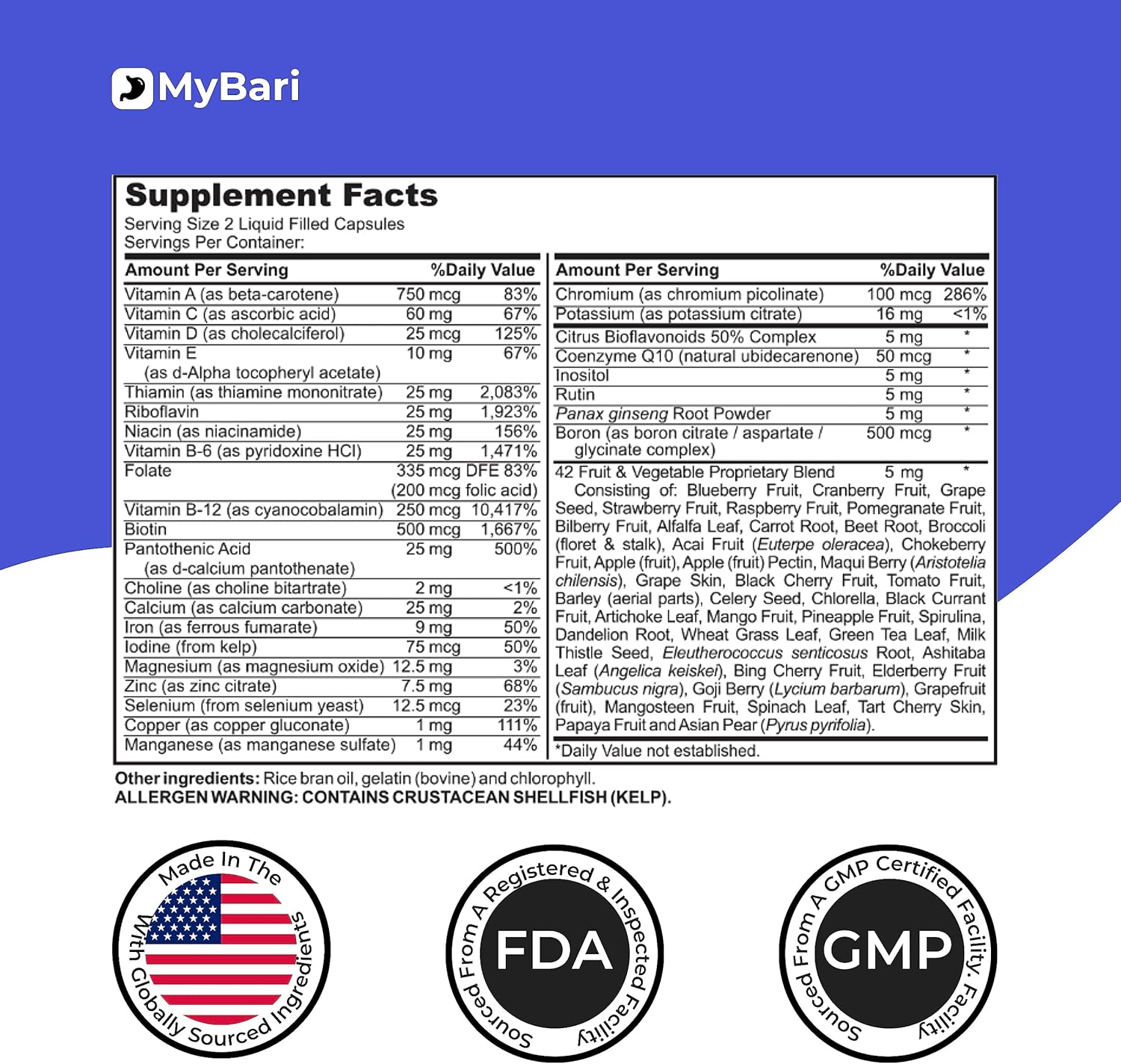 USA-Made MyBari All-in-One Bariatric Multivitamin with Iron for Men & Women - Supports Gastric Sleeve & Bypass - 60 Liquid Capsules with 42+ Fruit & Veggie Blend