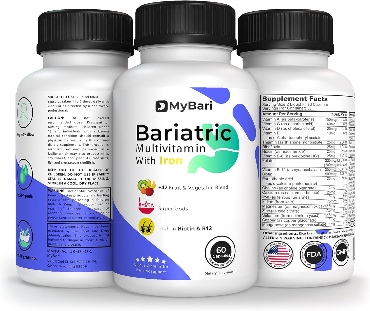USA-Made MyBari All-in-One Bariatric Multivitamin with Iron for Men & Women - Supports Gastric Sleeve & Bypass - 60 Liquid Capsules with 42+ Fruit & Veggie Blend
