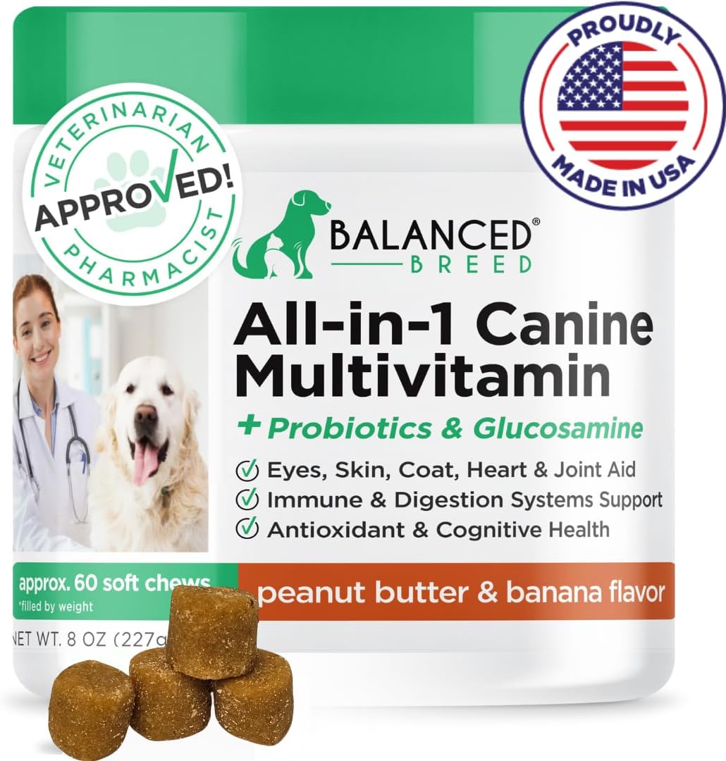 USA-Made Non-GMO Dog Vitamins: Multivitamin, Probiotics, Glucosamine, Salmon Oil, Immune Support for Senior & Adult Dogs