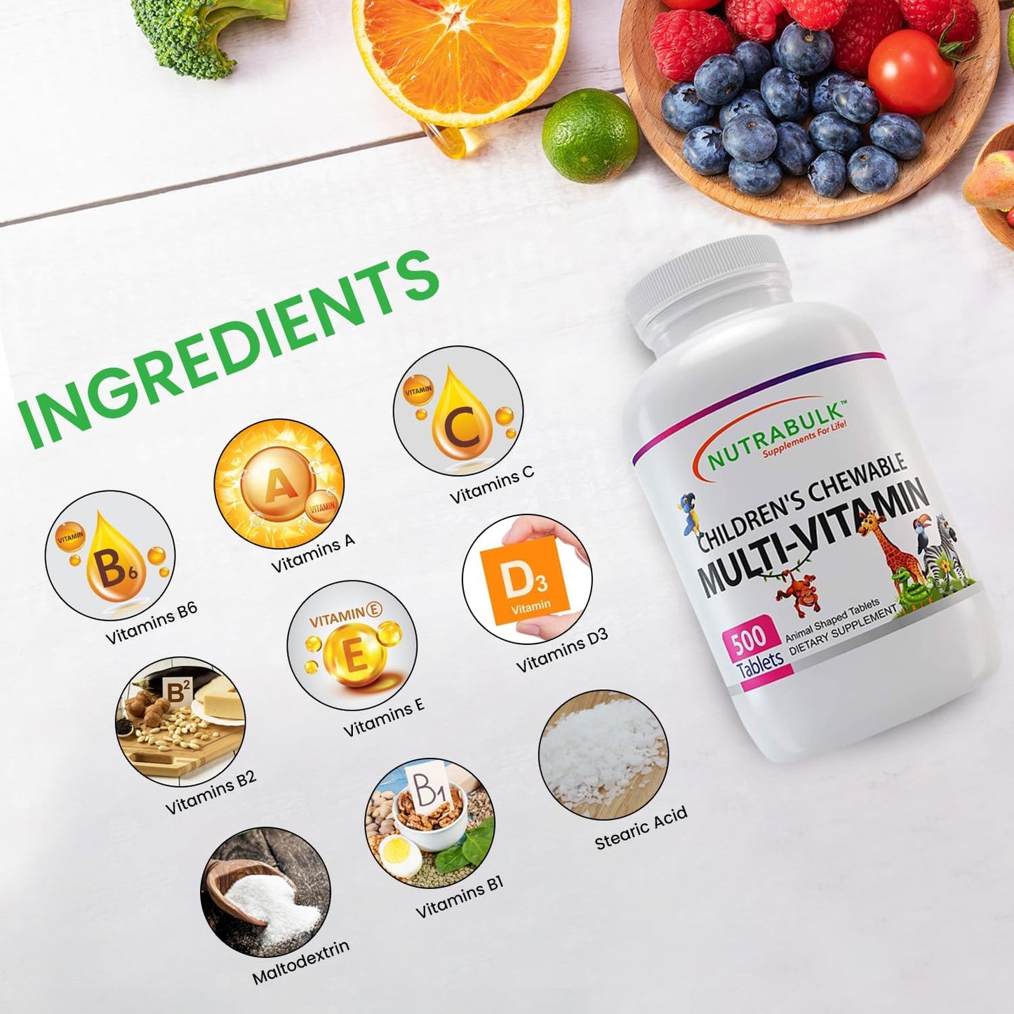 USA-Made NutraBulk Children's Chewable Multi-Vitamins - Supports Kids' Immune, Bone, Brain & Overall Well-Being - Vegan & Gluten-Free - 500 Cherry Tablets