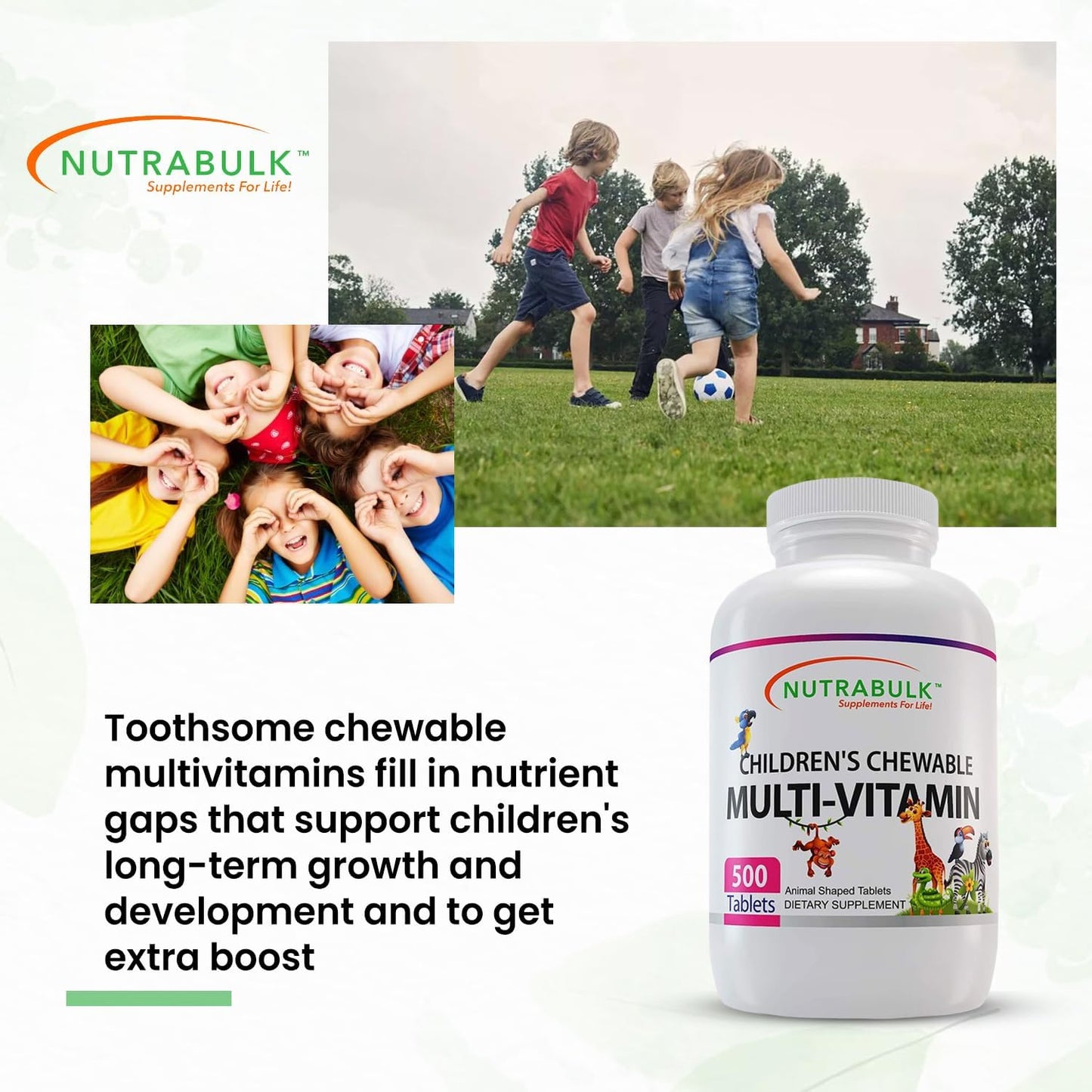 USA-Made NutraBulk Children's Chewable Multi-Vitamins - Supports Kids' Immune, Bone, Brain & Overall Well-Being - Vegan & Gluten-Free - 500 Cherry Tablets