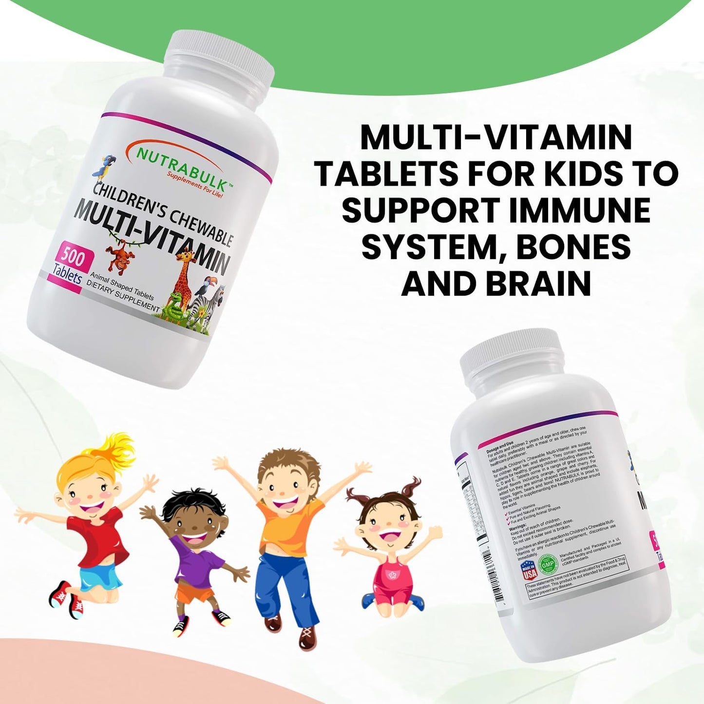 USA-Made NutraBulk Children's Chewable Multi-Vitamins - Supports Kids' Immune, Bone, Brain & Overall Well-Being - Vegan & Gluten-Free - 500 Cherry Tablets