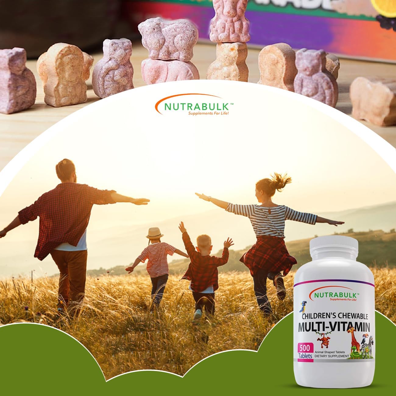 USA-Made NutraBulk Children's Chewable Multi-Vitamins - Supports Kids' Immune, Bone, Brain & Overall Well-Being - Vegan & Gluten-Free - 500 Cherry Tablets