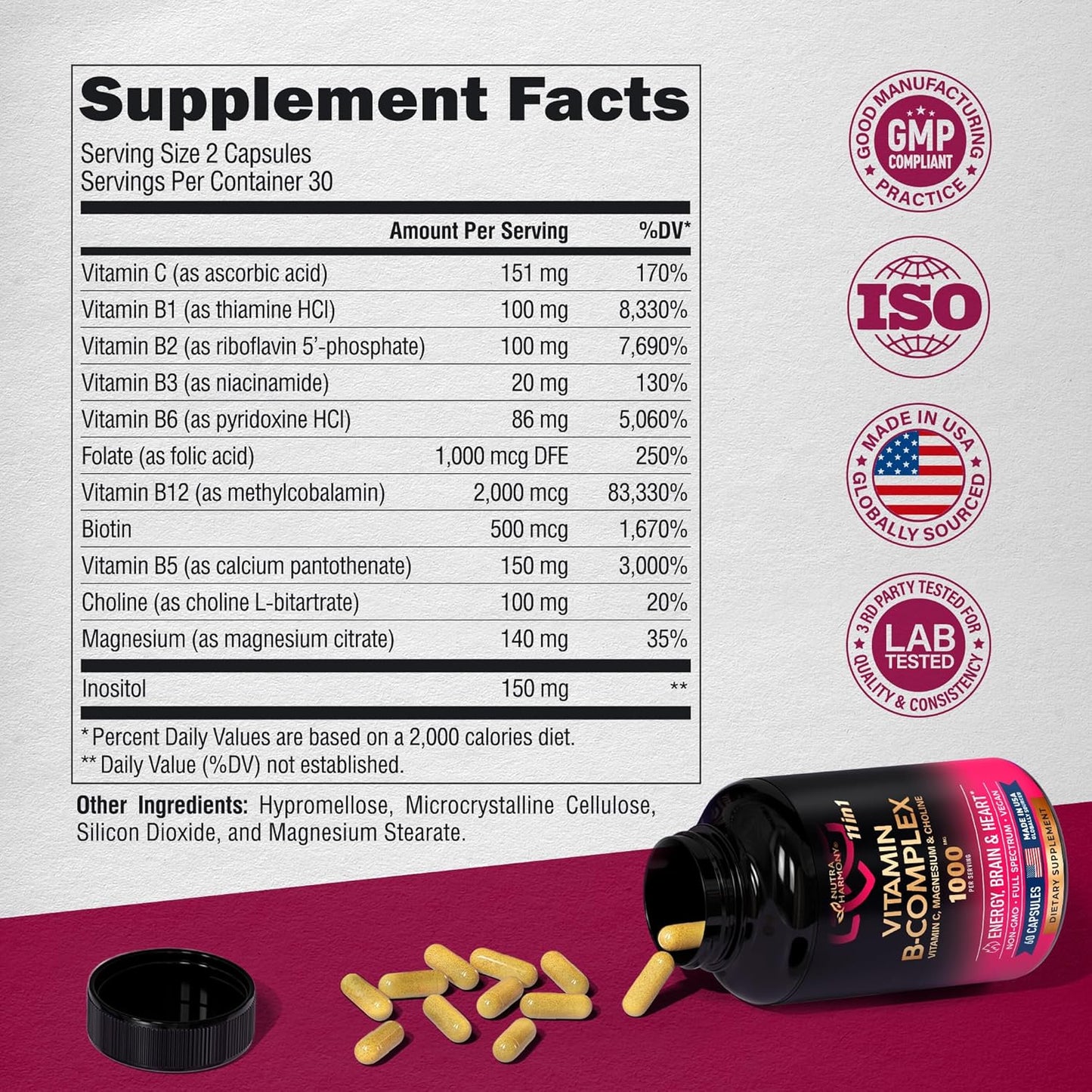 USA Made NUTRAHARMONY 11-in-1 Vitamin B Complex with Vitamin C - Energy, Brain & Heart Support for Men & Women - 2 Pack