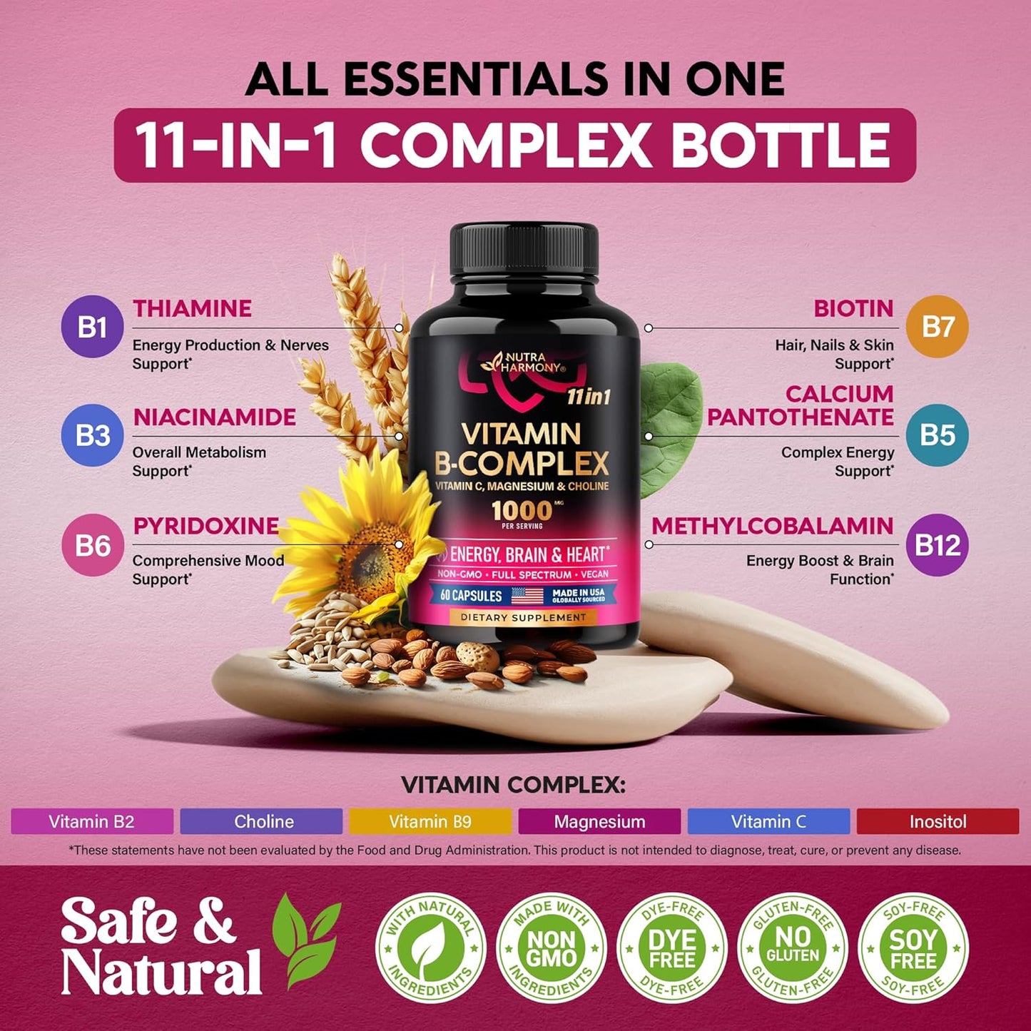 USA Made NUTRAHARMONY 11-in-1 Vitamin B Complex with Vitamin C - Energy, Brain & Heart Support for Men & Women - 2 Pack
