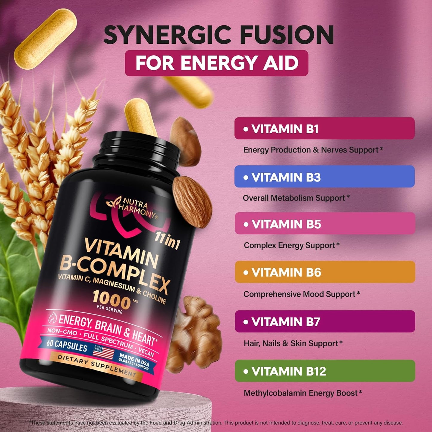 USA Made NUTRAHARMONY 11-in-1 Vitamin B Complex with Vitamin C - Energy, Brain & Heart Support for Men & Women - 2 Pack