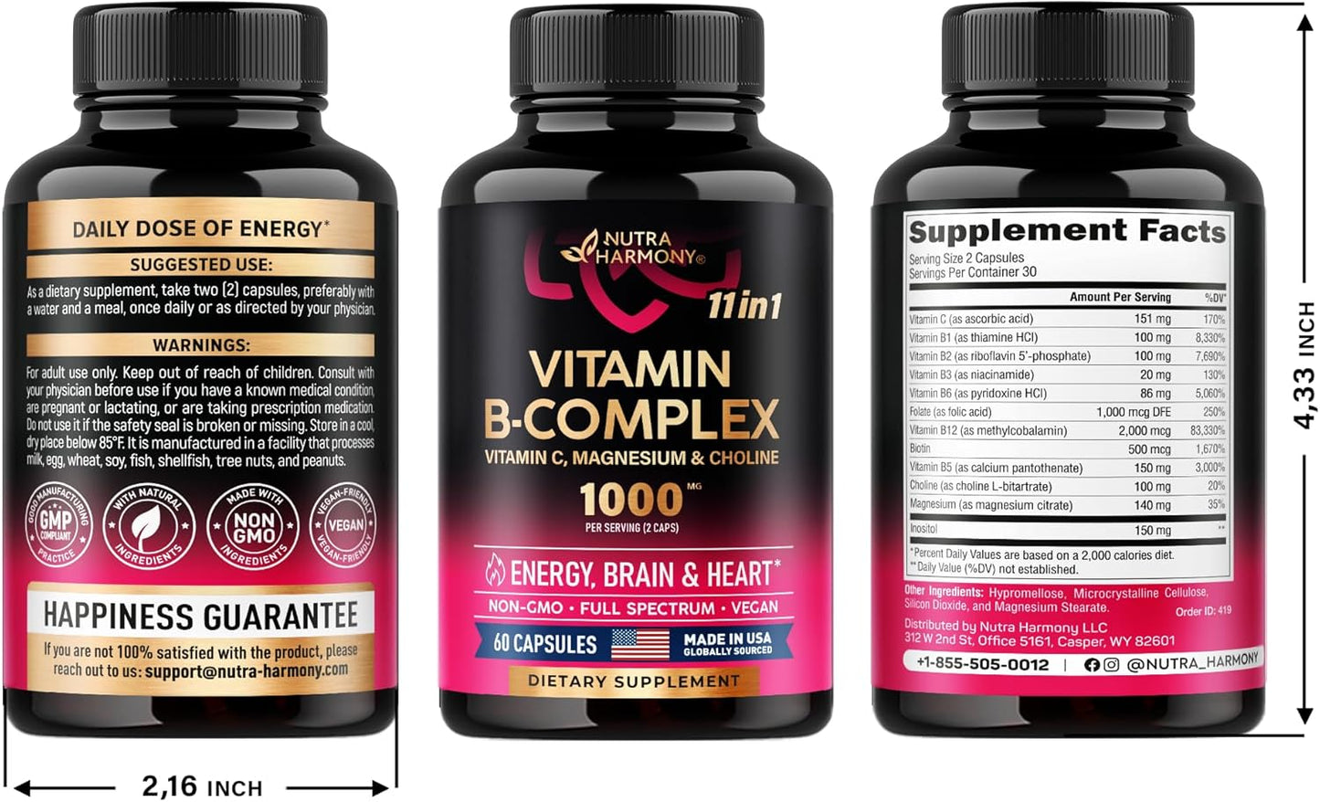 USA Made NUTRAHARMONY 11-in-1 Vitamin B Complex with Vitamin C - Energy, Brain & Heart Support for Men & Women - 2 Pack
