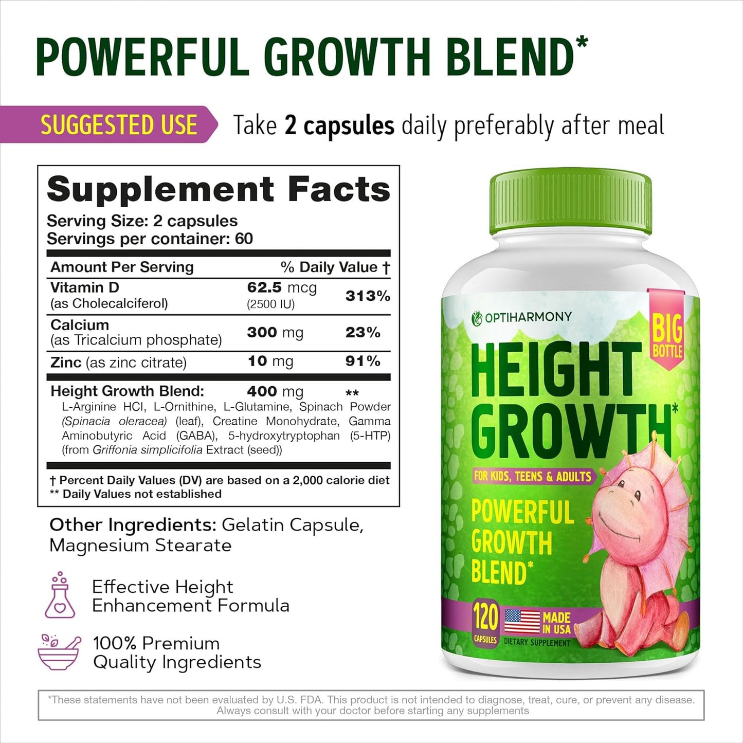 USA-Made OptiHarmony Height Growth Maximizer: Natural Supplement for Bone Growth in Adults, Teens & Kids - Boost Height with Vitamins - 120 Capsules