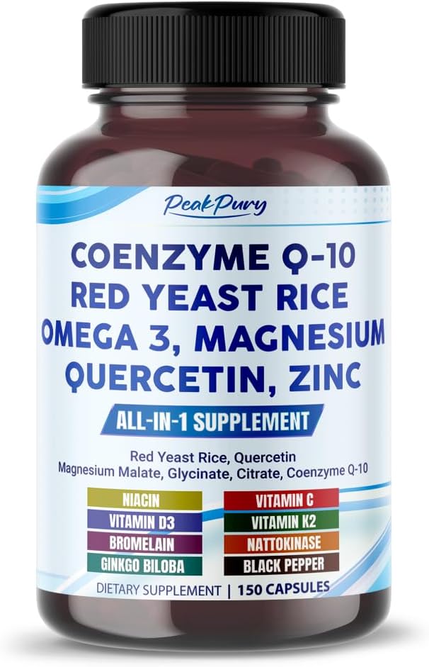 USA-Made PEAKPURY Coenzyme Q-10, Red Yeast Rice, Quercetin, Magnesium Malate, Glycinate, Citrate Supplement