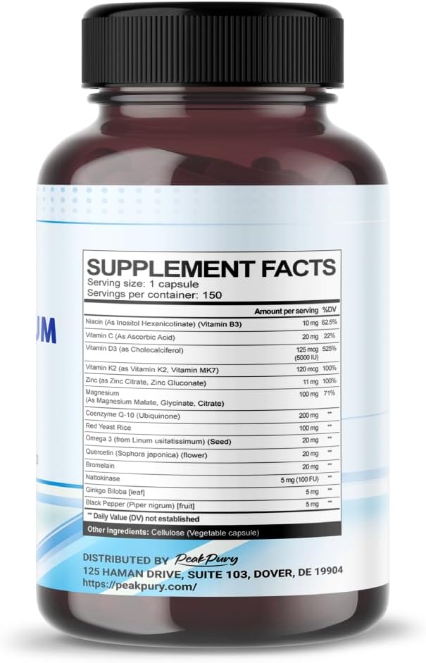 USA-Made PEAKPURY Coenzyme Q-10, Red Yeast Rice, Quercetin, Magnesium Malate, Glycinate, Citrate Supplement