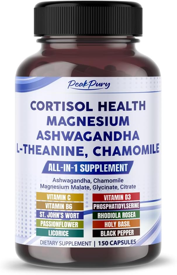 USA-Made PeakPury Cortisol Health Supplement with Ashwagandha, Magnesium, Chamomile, and L-Theanine