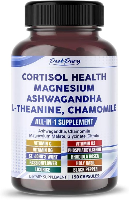 USA-Made PeakPury Cortisol Health Supplement with Ashwagandha, Magnesium, Chamomile, and L-Theanine