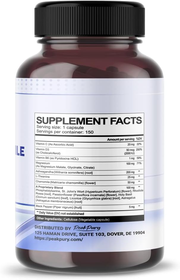 USA-Made PeakPury Cortisol Health Supplement with Ashwagandha, Magnesium, Chamomile, and L-Theanine
