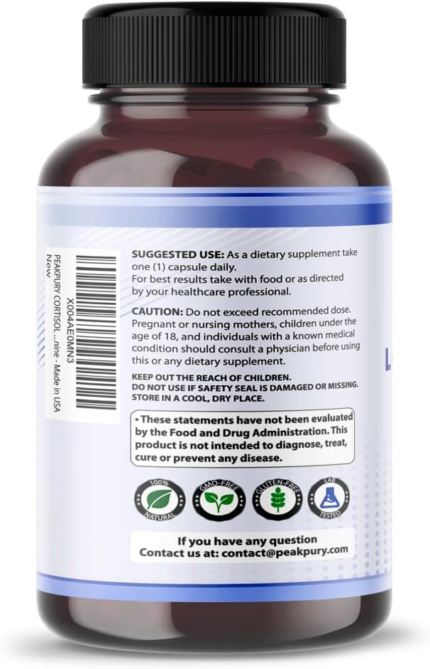 USA-Made PeakPury Cortisol Health Supplement with Ashwagandha, Magnesium, Chamomile, and L-Theanine