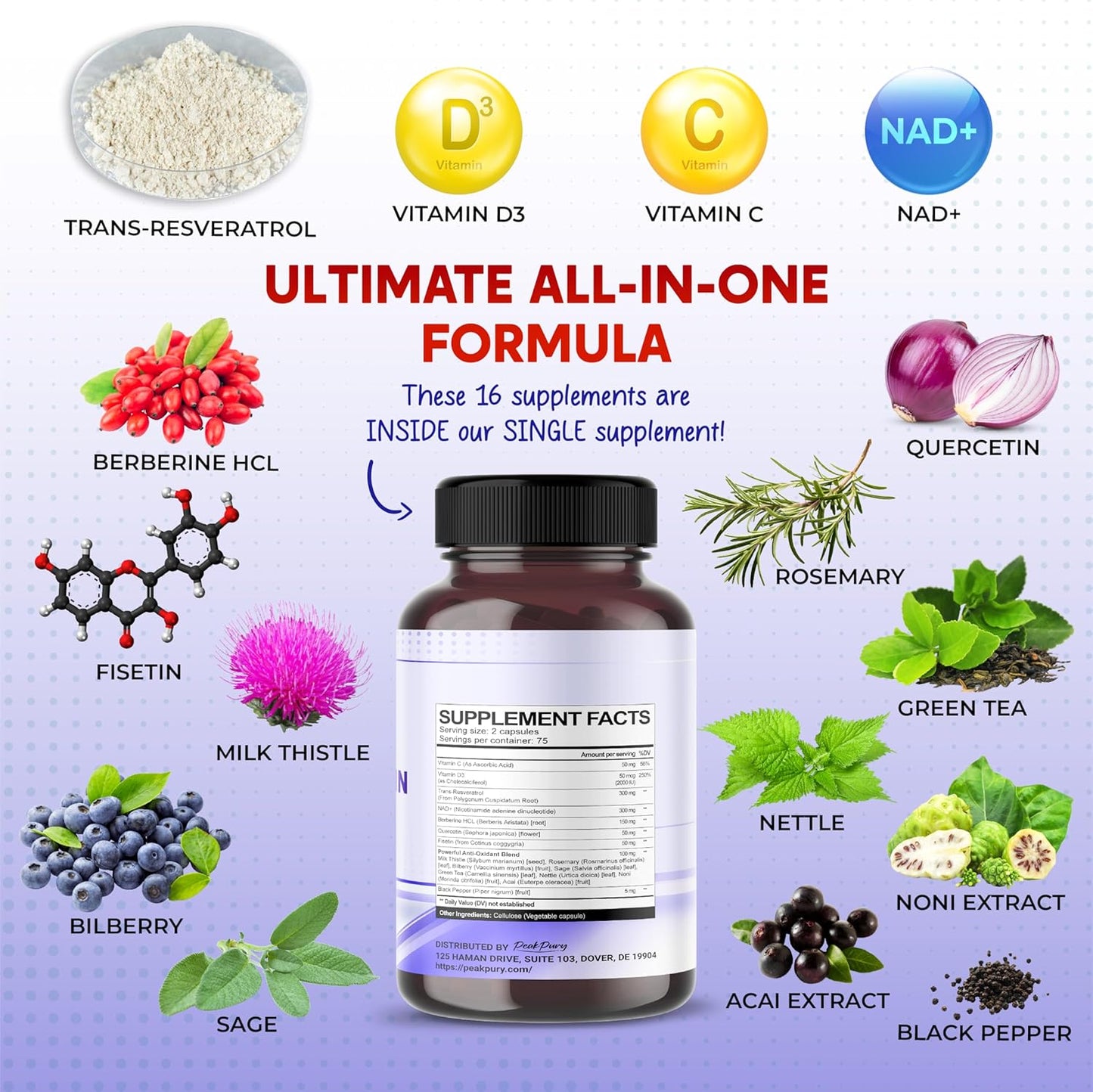 USA-Made PeakPury NAD+ Trans-Resveratrol Berberine Quercetin Fisetin Milk Thistle Supplement