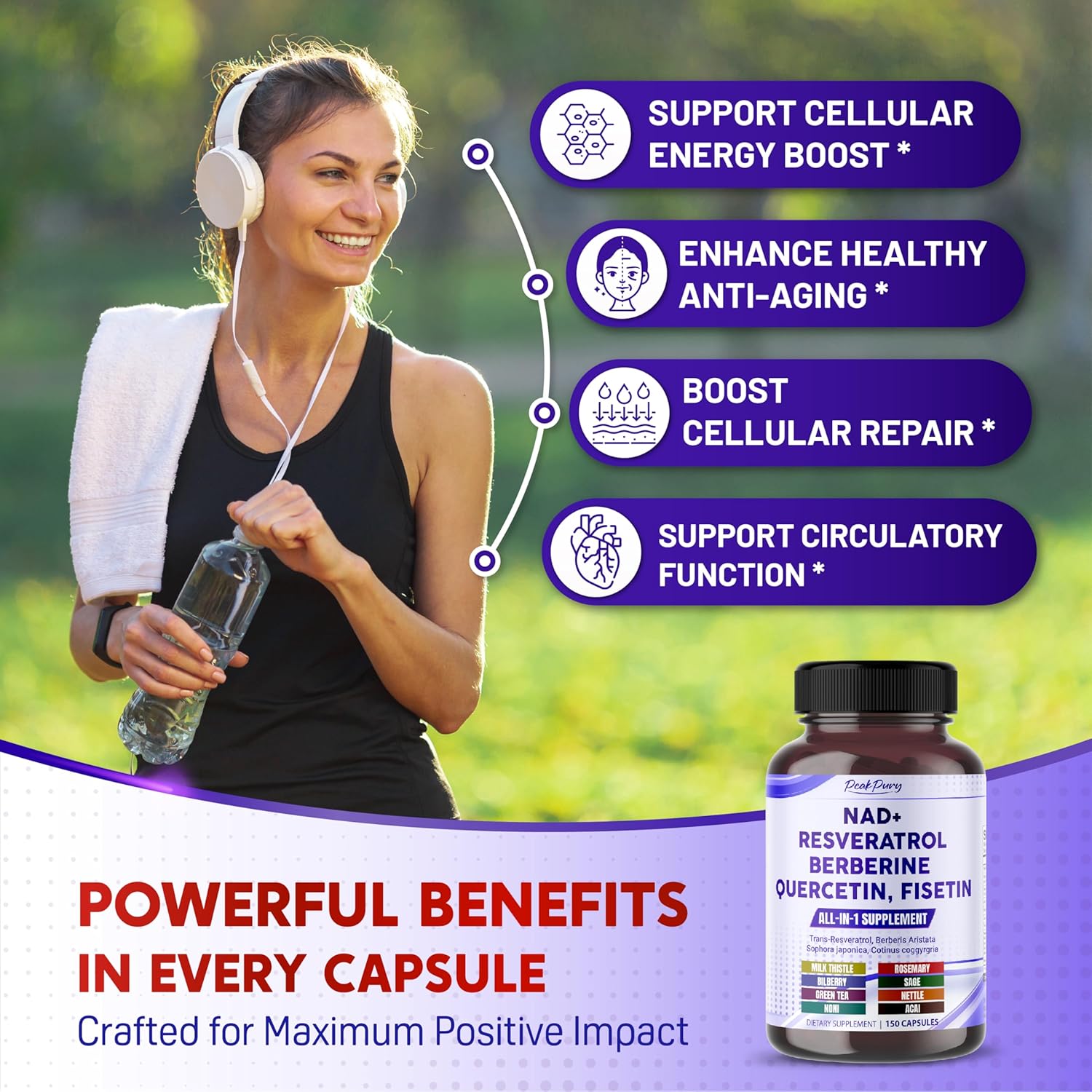 USA-Made PeakPury NAD+ Trans-Resveratrol Berberine Quercetin Fisetin Milk Thistle Supplement