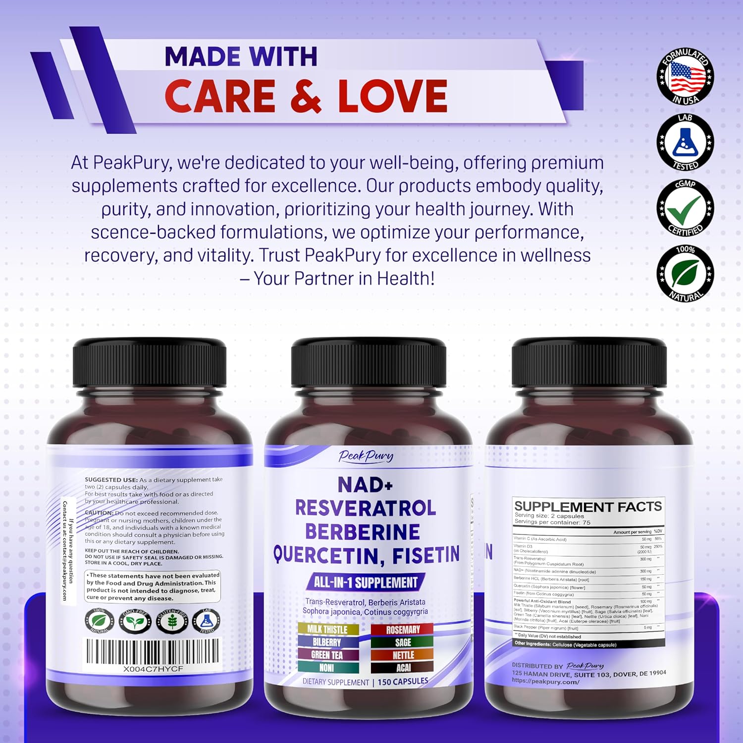 USA-Made PeakPury NAD+ Trans-Resveratrol Berberine Quercetin Fisetin Milk Thistle Supplement