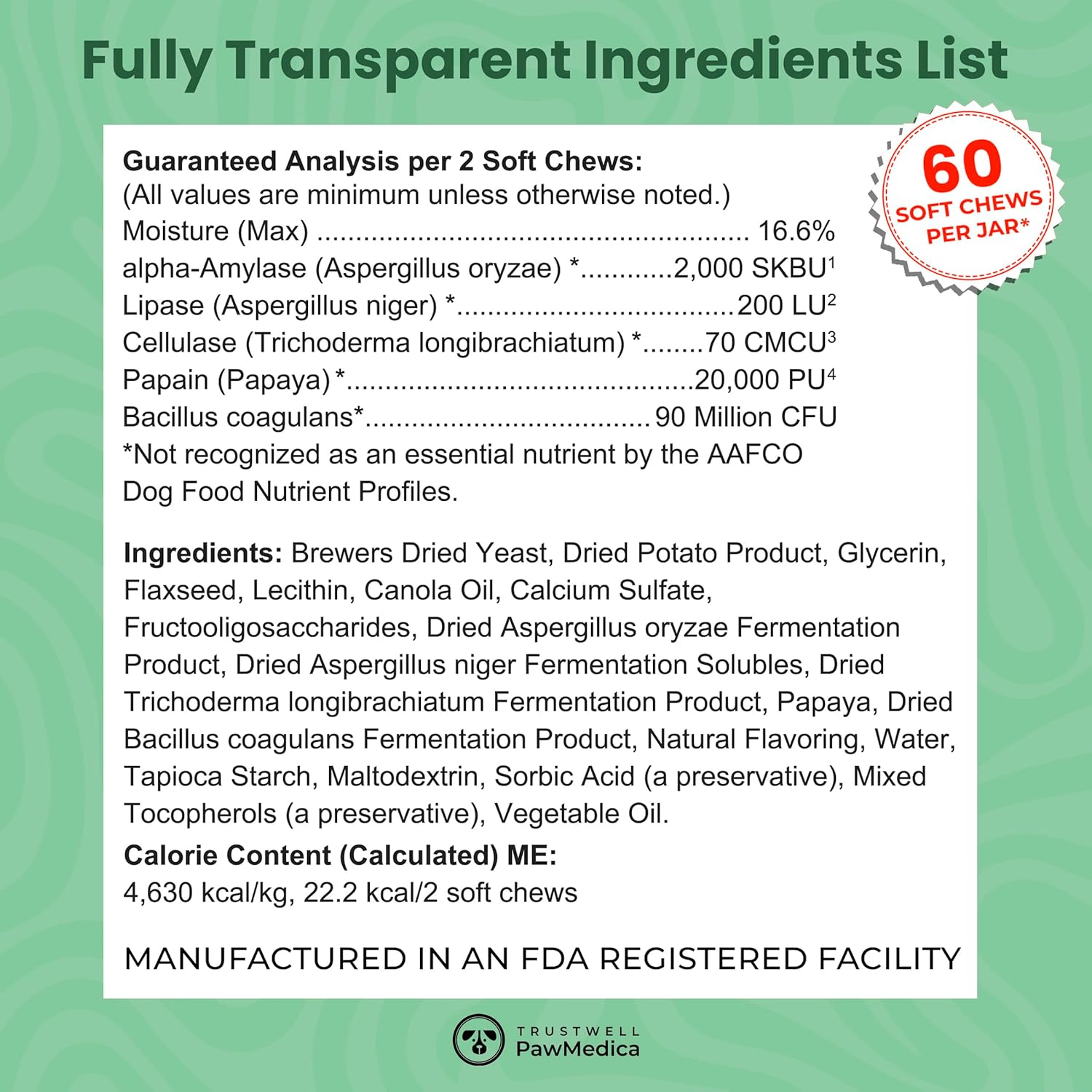 USA-Made Pet Probiotic Chews for Dogs with Digestive Enzymes - 60 Treats for Digestive Support