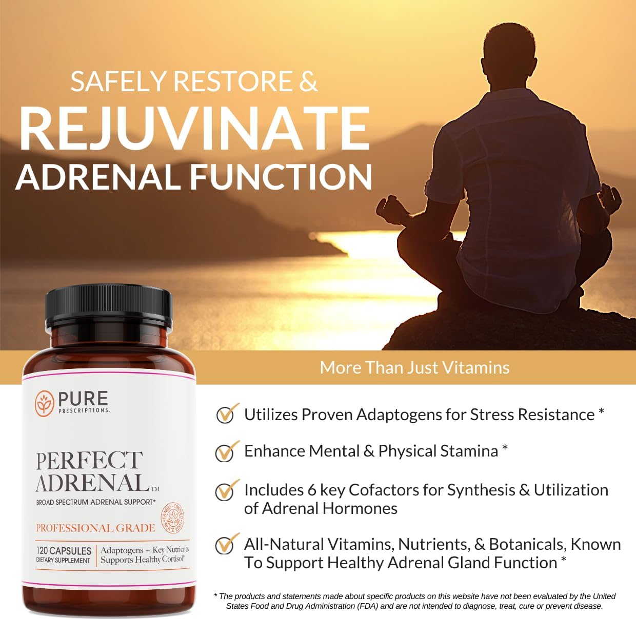 USA Made Pure Prescriptions Adrenal Support Supplement with Vitamin B6 - 120 Count for Stamina, Fatigue Relief, Adrenal & Immune Support