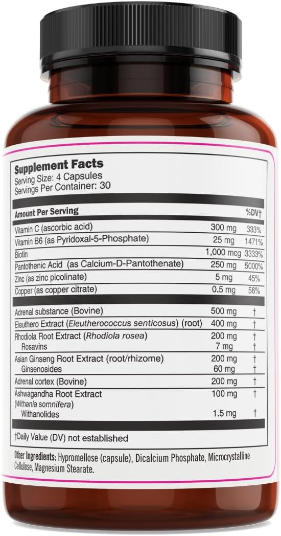 USA Made Pure Prescriptions Adrenal Support Supplement with Vitamin B6 - 120 Count for Stamina, Fatigue Relief, Adrenal & Immune Support