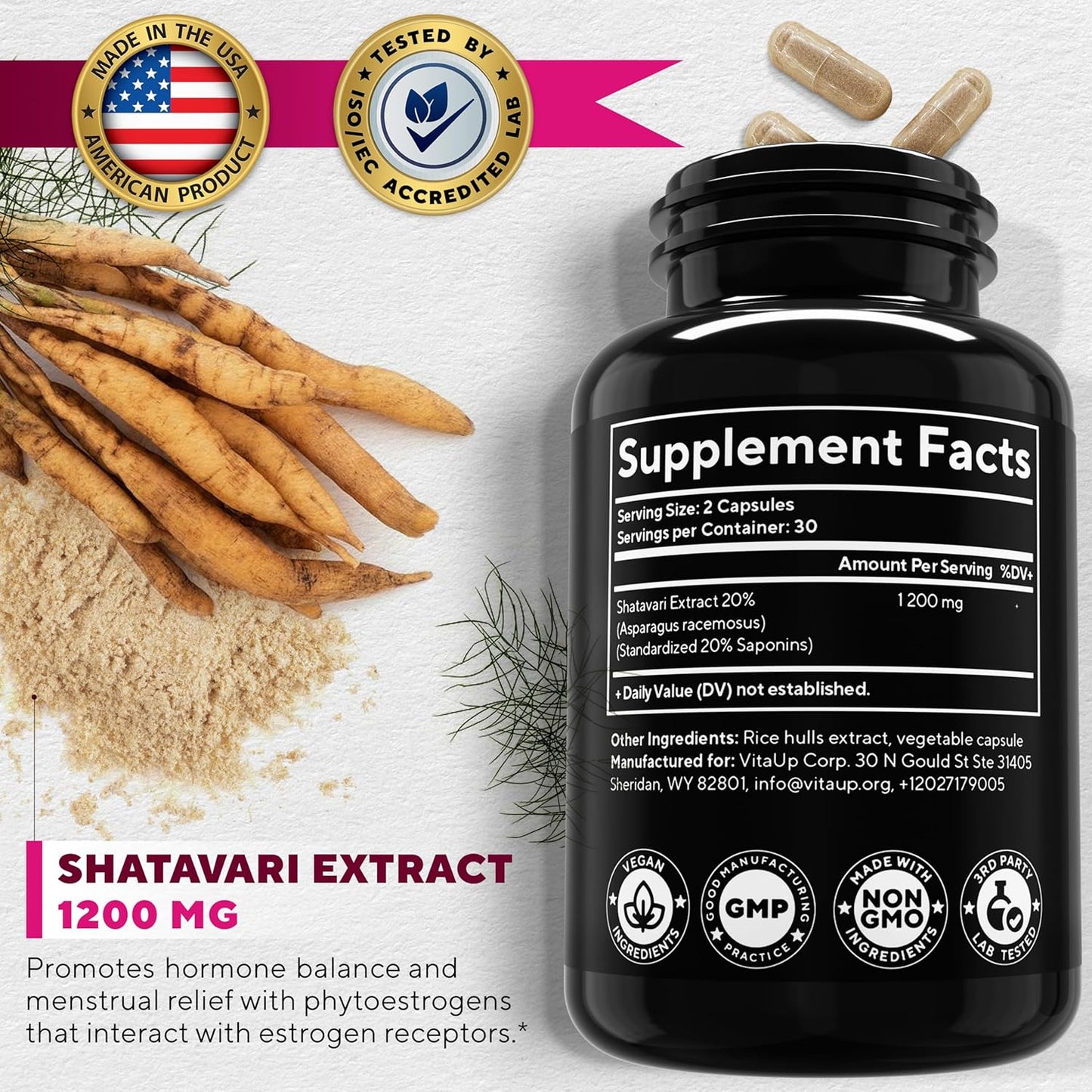 USA Made Shatavari Root Supplement Capsules - 1200mg Shatavari Extract for Women - Hormone Balance, Menopause, Menstrual Relief - 60 Capsules