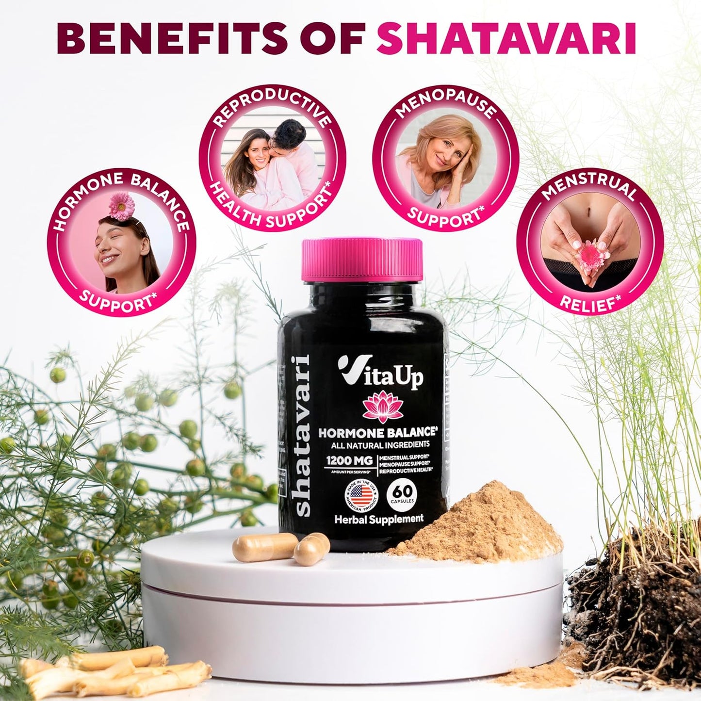 USA Made Shatavari Root Supplement Capsules - 1200mg Shatavari Extract for Women - Hormone Balance, Menopause, Menstrual Relief - 60 Capsules