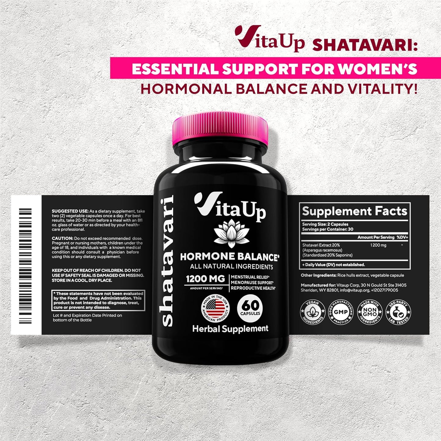 USA Made Shatavari Root Supplement Capsules - 1200mg Shatavari Extract for Women - Hormone Balance, Menopause, Menstrual Relief - 60 Capsules