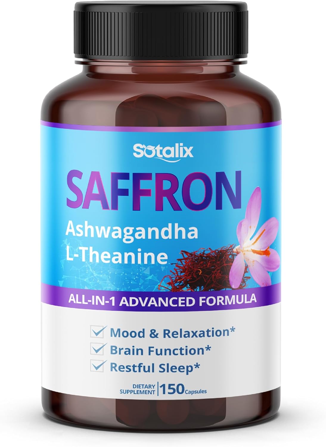 USA Made Sotalix Saffron Supplement 14,950mg with Ashwagandha, Ginseng, L-Theanine for Relaxation and Restoration - 150-Day Supply