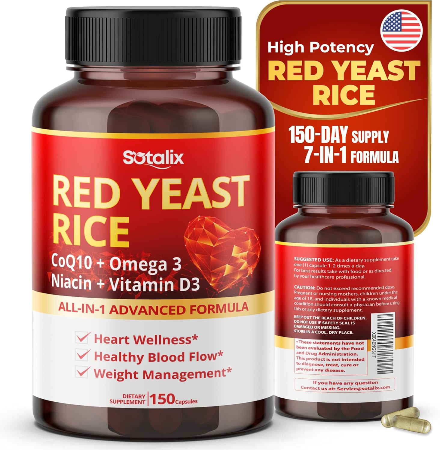 USA Made SOTALIX SUPPLEMENT Ultra Red Yeast Rice with CoQ10, Omega 3, Niacin, and Vitamin D3 - Immune System Support for Overall Well-Being (150 Count)