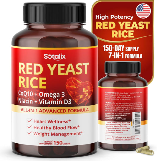 USA Made SOTALIX SUPPLEMENT Ultra Red Yeast Rice with CoQ10, Omega 3, Niacin, and Vitamin D3 - Immune System Support for Overall Well-Being (150 Count)